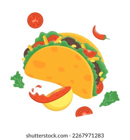 a kind of fast food. Illustration of Taco, Nachos with full of vegetables and meat inside, Mexican taco vector realistic. Mexican food with vegetables tomatoes sauce inside and outside. salsa sauce