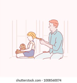 A kind father who ties her hair back  hand drawn style vector doodle design illustrations 