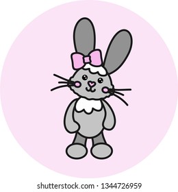 Kind, fluffy bunny on a pink background. Baby vector illustration. Poster for the children's room. Gray bunny with a pink bow.