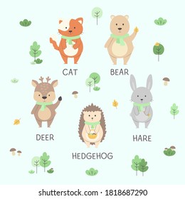 Kind forest animals among trees, mushrooms, bushes and leaves with names are created for children's textiles