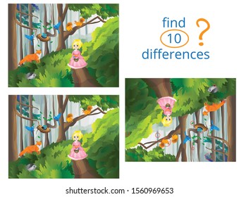 A kind forest fairy, who helps birds return a fallen nest to a branch. Find ten differences. Kids game. 