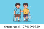 A kind friend helps a boy with a broken leg and crutches, carrying his bag for him.