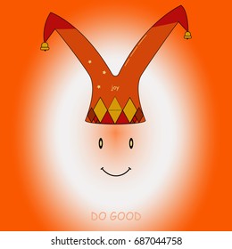 Kind, funny jester, on an orange background, in a luminous circle, with an inscription do good, vector.