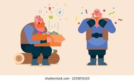Kind giant openning a cardboard box and Surprised by butterflies flying, large bald giant sitting on Tree trunk,  Feel with love and happiness, Flat avatar vector illustration svg