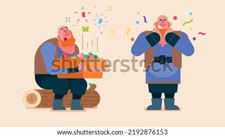 Kind giant openning a cardboard box and Surprised by butterflies flying, large bald giant sitting on Tree trunk,  Feel with love and happiness, Flat avatar vector illustration