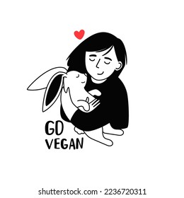 Una chica amable abraza al pequeño conejo feliz. Vayan a vegano. Ilustración vectorial sobre la amistad entre personas y animales. Concepto de respeto a la naturaleza y estilo de vida vegano. Conejo lindo con poco corazón