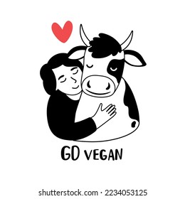 Una chica amable muestra su amor por los animales y abrazando a una ternera. La naturaleza respeta el estilo de vida vegano. Vaca feliz con poco corazón. Ilustración vectorial en blanco y negro sobre la amistad entre personas y animales