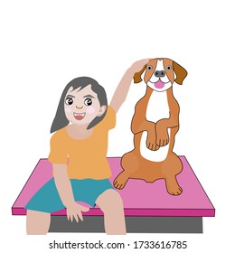 A kind girl is sitting on the table petting the lovely dog on white background.