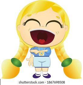 A kind girl with yellow hair in a blue t-short and light-blue shorts who laughs a lot at someone