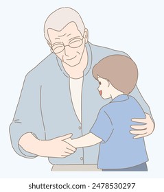 Kind grandfather embracing grandchild. Happy mature grey-haired grandpa spending time with small grandson. Hand drawn flat cartoon character vector illustration.