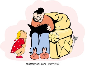kind grandma reading tales to her granddaughter