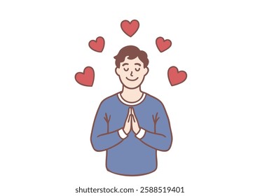 A kind and happy young man is praying and smiling. Hand drawn style vector design illustrations.