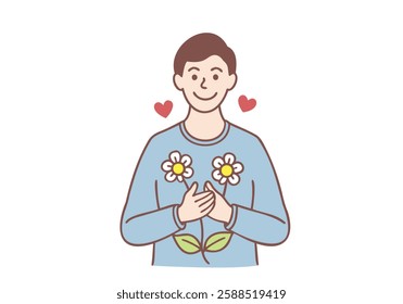 A kind and happy young man is praying and smiling. Hand drawn style vector design illustrations.