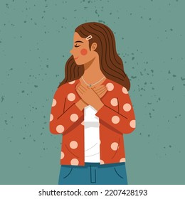 Kind hearted concept, Young woman puts hands on chest. Vector