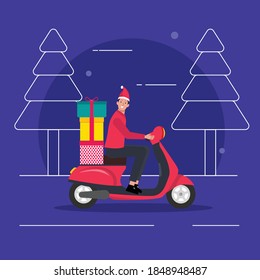 A kind hearted person delivering Christmas gifts. Christmas tree. Christmas and New Year gifts