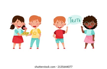 Kind, honest and fair children set cartoon vector illustration