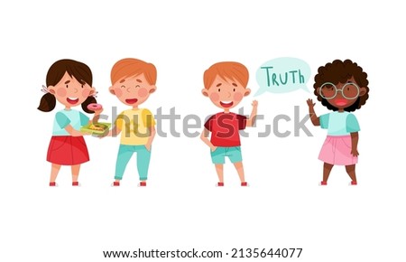 Kind, honest and fair children set cartoon vector illustration