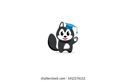 kind husky in graduation hat. Husky waving his paw. - vector