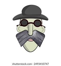 Kind of inspector face with big mustache, dark glasses  and gray hat