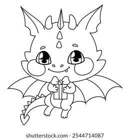 Kind Little dragon flies and smiles. Children character holding a gift box with a bow. Vector linear mythical cute animal isolated on a white background. Year of the Dragon. Chinese zodiac animals.