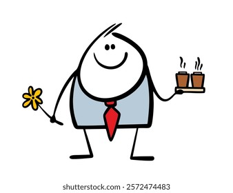 Kind man in a business suit came on a date, brought two hot drinks in paper cups. Vector illustration of doodle  businessman with a flower and coffee. Funny character on white background.