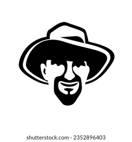 Kind man in hat with beard as portrait of happy farmer in hat. Black and white vintage style emblem for human logo element, detective agency, label design, logos, badges.