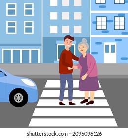 Kind man helping grandmother crossing street in flat design. Young guy assist senior woman at crosswalk concept vector illustration.