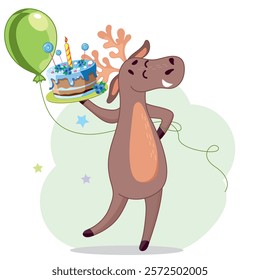 kind moose, moose waiter, moose carries cake, balloon, big cake, birthday