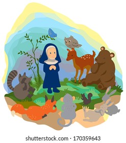 A kind nun is preaching Jesus christian truth to wild animals in the forest wood scene with mercy and peace in isolated background. It is Saint Valentine concept, create by cartoon vector