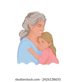 Una amable anciana, una abuela abraza a una niña, a su nieta y sonríe. Postal por el Día Internacional de la Mujer