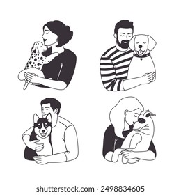 Amable dueño abraza perro y cachorro. Trabajo de autores de Ilustración vectorial en blanco y negro