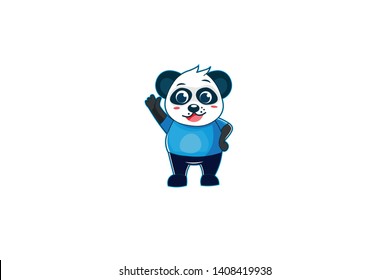 kind panda in blue t-shirt, panda waves his hand, - vector