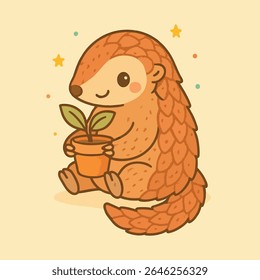 Kind Pangolin's Earthly Gift, A charming cartoon pangolin tenderly cradles a potted plant, symbolizing nature, growth and care. The image exudes warmth, joy and environmental awareness.