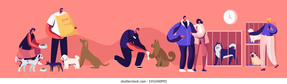 Kind People Help Homeless Animals. Men and Women Adopting Pet from Shelter, Healing and Feeding Dogs. Pound, Rehabilitation or Adoption Center for Stray Pets Concept. Cartoon Flat Vector Illustration