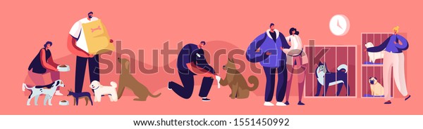 Kind People Help Homeless Animals. Men and\
Women Adopting Pet from Shelter, Healing and Feeding Dogs. Pound,\
Rehabilitation or Adoption Center for Stray Pets Concept. Cartoon\
Flat Vector Illustration
