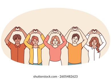 Kind people volunteers making heart shape with fingers and raising hands above heads. Men and women volunteers calling to make donations to charitable foundation to help those in need