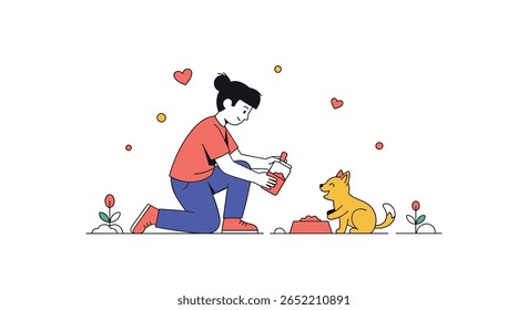 Kind Person Gently Feeding a Happy Dog a Delicious Meal Outdoors Amongst Flowers and Hearts