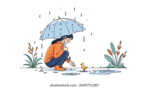 A kind person sheltering a small duckling under a blue umbrella during a gentle rain shower