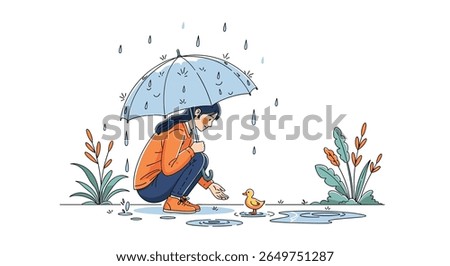 A kind person sheltering a small duckling under a blue umbrella during a gentle rain shower
