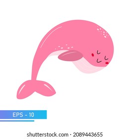 A kind pink whale in delicate pink colors, with light spots on the body. Proud and sweet. Vector illustration.
