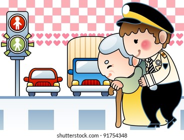 Kind Police Officer and Happy Old Woman with a smile