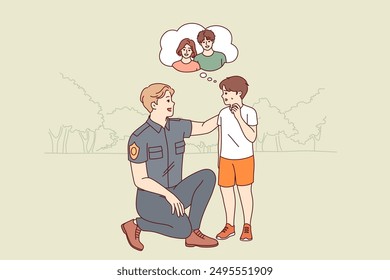 Kind policeman helps boy who has lost parents and is sad because is afraid of not finding mother and dad. Positive officer taking care of lost child who needs help to avoid trouble.