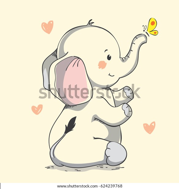 優しいかわいい笑顔の象が 蝶の鼻の上で主役を演じている 漫画の手描きのイラスト 祝いの挨拶や招待状 赤ちゃんのtシャツ 子供のデザイン着用に使用できます のベクター画像素材 ロイヤリティフリー