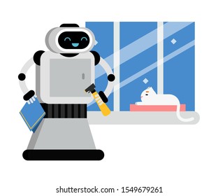 Kind Robot Home Assistant Is About To Washes A Window. Vector Illustration.