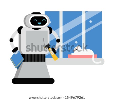 Kind robot home assistant is about to washes a window. Vector illustration.