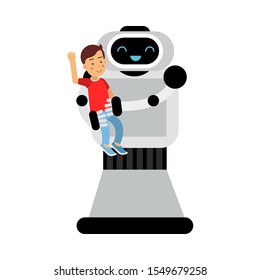 Kind robot home assistant is holding a boy in his arms. Vector illustration.