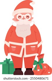 Kind Santa Claus with a bag of gifts and a festive box
