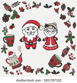 A kind santa claus and snow women. New Year card. Vector illustration.
