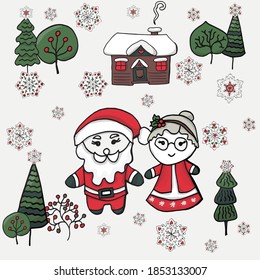 A kind santa claus and snow women. New Year card. Vector illustration.
