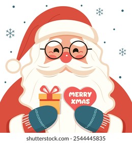 Kind Santa in glasses holds gift and heart in his hands on white background. Happy Christmas holiday design for Poster, Banner, Flyer, Greeting Card. Vector illustration in flat cartoon style